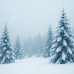 Snow-covered evergreen forest on a quiet winter day, representing peaceful holidays and relief from seasonal stress.
