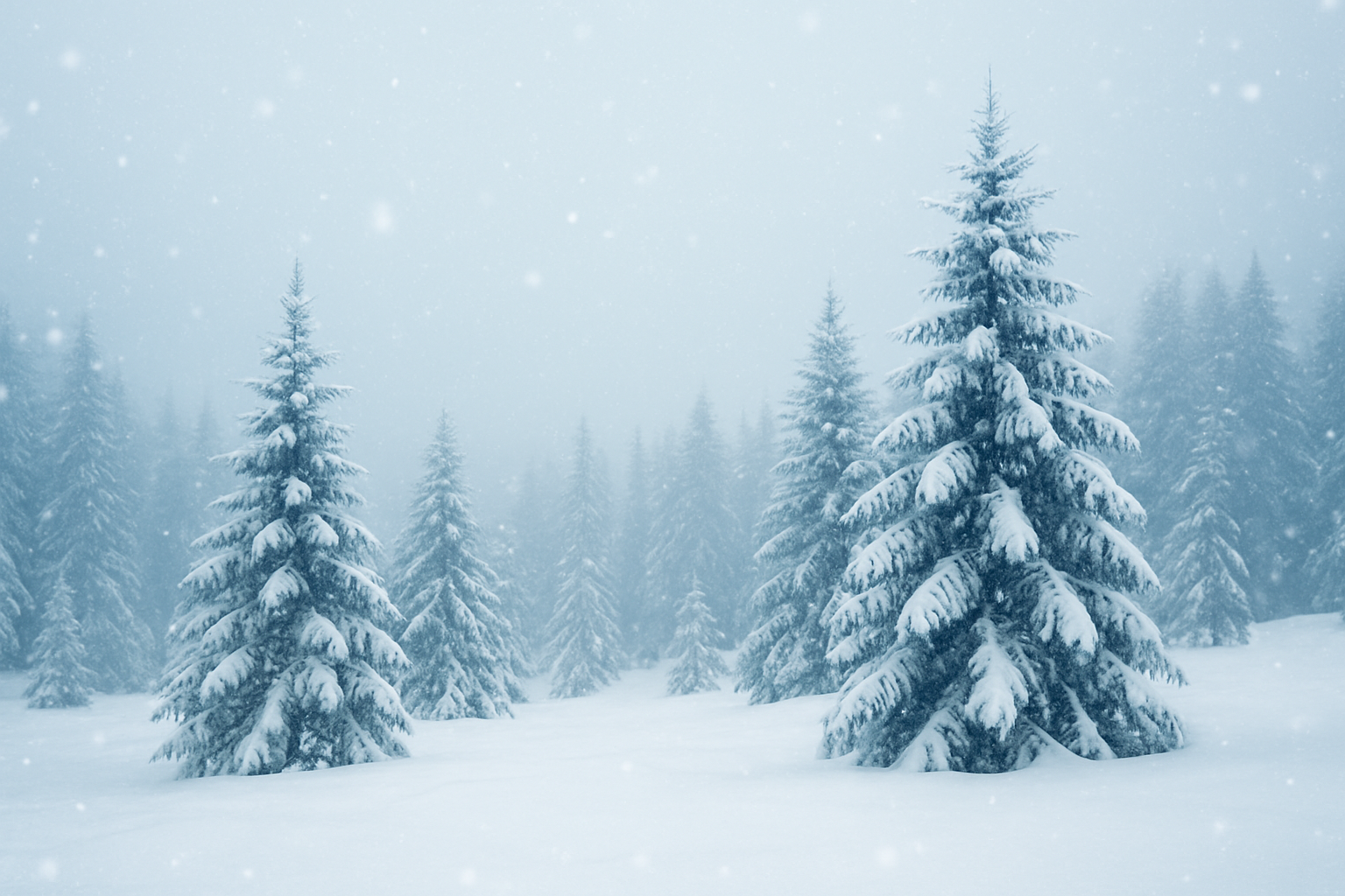 Snow-covered evergreen forest on a quiet winter day, representing peaceful holidays and relief from seasonal stress.